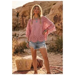 Boho Crochet Lace Blouse in Dusty Pink